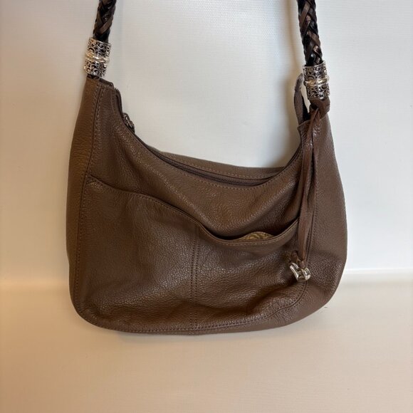 BRIGHTON Barbados Brown Pebbled Leather Hobo Shoulder Bag With Braided Handle - Picture 5 of 8